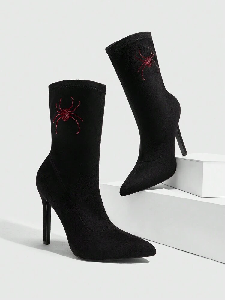 CUCCOO SZL Women's Pointed Toe Thin High Heel Ankle Boots, Sexy Black Party/Festival Mid-Calf Boots With Rhinestones For Christmas And New Year Holiday
