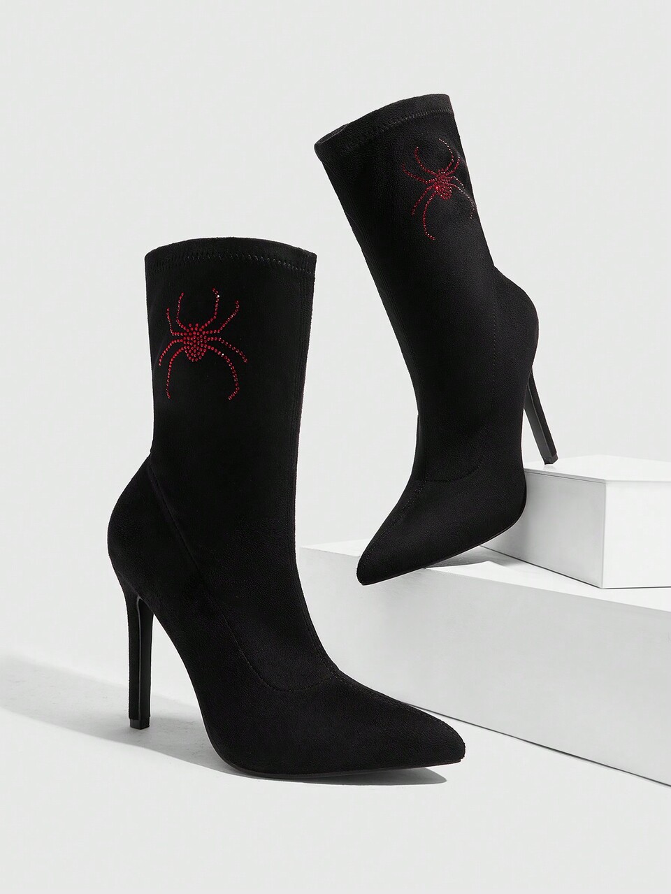 CUCCOO SZL Women's Pointed Toe Thin High Heel Ankle Boots, Sexy Black Party/Festival Mid-Calf Boots With Rhinestones For Christmas And New Year Holiday