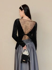 EastFlair Women Velvet Lace Patchwork Long Sleeve Top, Autumn/Winter,Valentine Day - Black - View 7