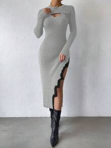 SHEIN Unity 女士纯色拼布圆领长袖镂空简约休闲连衣裙 - 彩色 - 查看 6