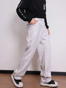 Manfinity Hypemode Plus Size Men Casual Straight Leg Jeans With Oblique Pockets, Loose Fit - Light Grey - View 3