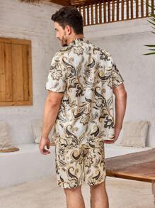 Manfinity ChillVibe 2pcs Men All-Over Print Button-Front Short Sleeve Top And Shorts Pajama Set