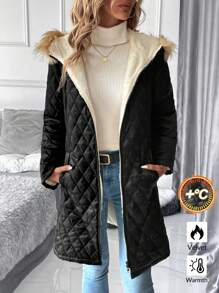 SHEIN Clasi 女式拉链连帽蓬松泰迪熊衬里加厚羽绒大衣（秋冬款） - 黑色 - 查看 9