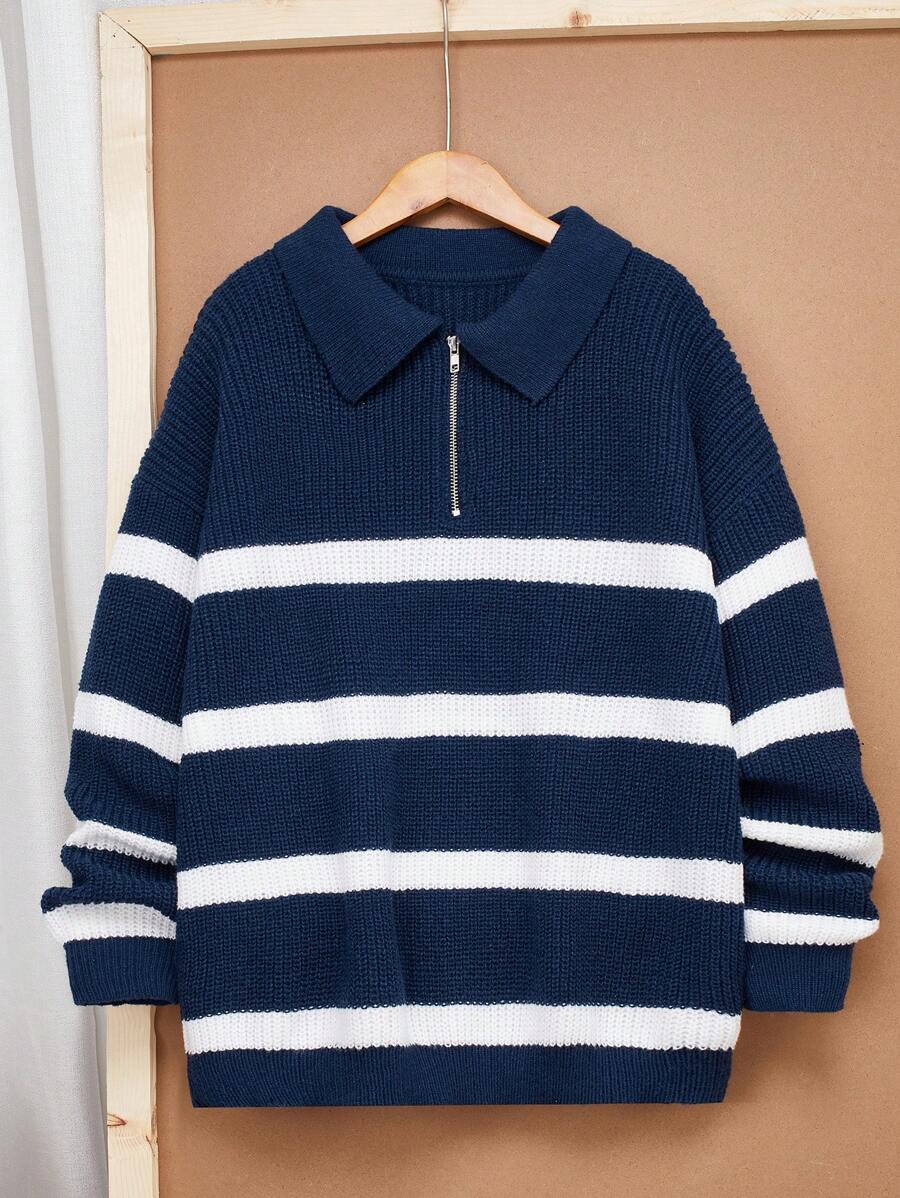 SHEIN TeenBoys 1pc Everyday Cozy Casual Warm Half Placket Collar Blue And White Striped Model Warm Sweater Back To School; Fall Clothing; Teen Boy Clothes; Teen Boy Jackets Autumn/Winter - Multicolor - View 1