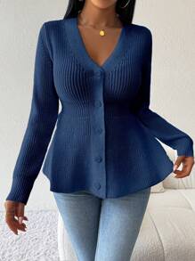 SHEIN LUNE Áo khoác cardigan cổ chữ V viền bèo nhún màu trơn đơn giản cho nữ - Màu xanh hải quân - Xem 6