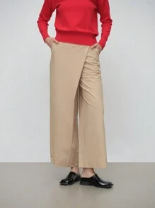 SHEIN LUNE 休闲风格 宽腿围裹式裤裙 - 米色 - 查看 1