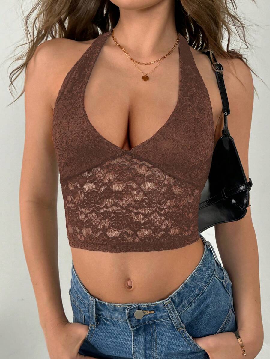 INAWLY Camisole femme à col ras-du-cou avec contraste de dentelle et dos ouvert, couleur unie - Marron - Voir 1