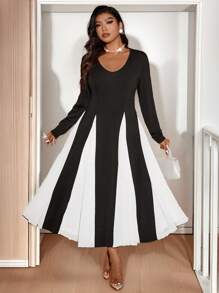 Allurite 大码女式 V 领拼色长袖优雅连衣裙，秋季 - 黑與白 - 查看 7