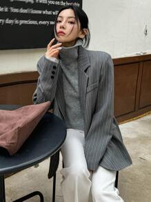 DAZY Women Front Button Lapel Collar Long Sleeve Faux Pocket Minimalist Casual Loose Striped Blazer,Fall Clothes Business Attire - Grey - View 8