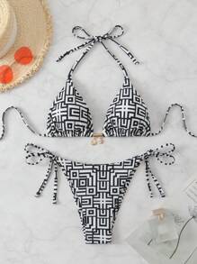 女士几何印花比基尼套装，非常适合度假和海滩夏季 - 黑與白 - 查看 1