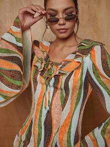 COSMINA Women Casual Color Block Ruffle Flare Sleeve Jumpsuit, Autumn - Multicolor - View 3