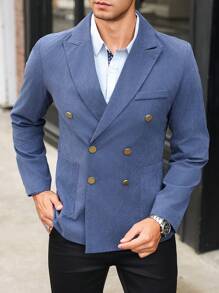 Manfinity Mode 男士简约立领双排扣西装外套，适合通勤，秋季 - 藏蓝色 - 查看 1