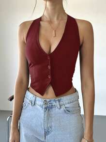 SHEIN EZwear Áo hở lưng hở lưng màu trơn gợi cảm cho nữ - Màu Đỏ Sâu - Xem 6