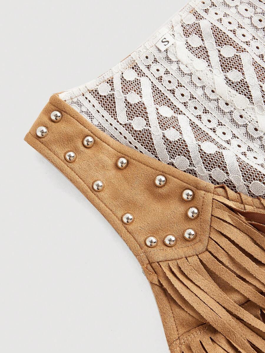 GENKIRA 波西米亚风户外 INS 风格时尚流苏和串珠女式夹克，秋季 - 卡其色 - 查看 1