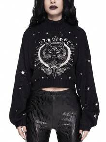 ROMWE Goth 高领深色哥特式黑色神秘猫刺绣套头衫 - 黑色 - 查看 2