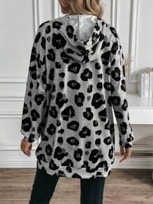 SHEIN LUNE 1 件女式豹纹长款连帽衫，秋季 - 灰色 - 查看 2