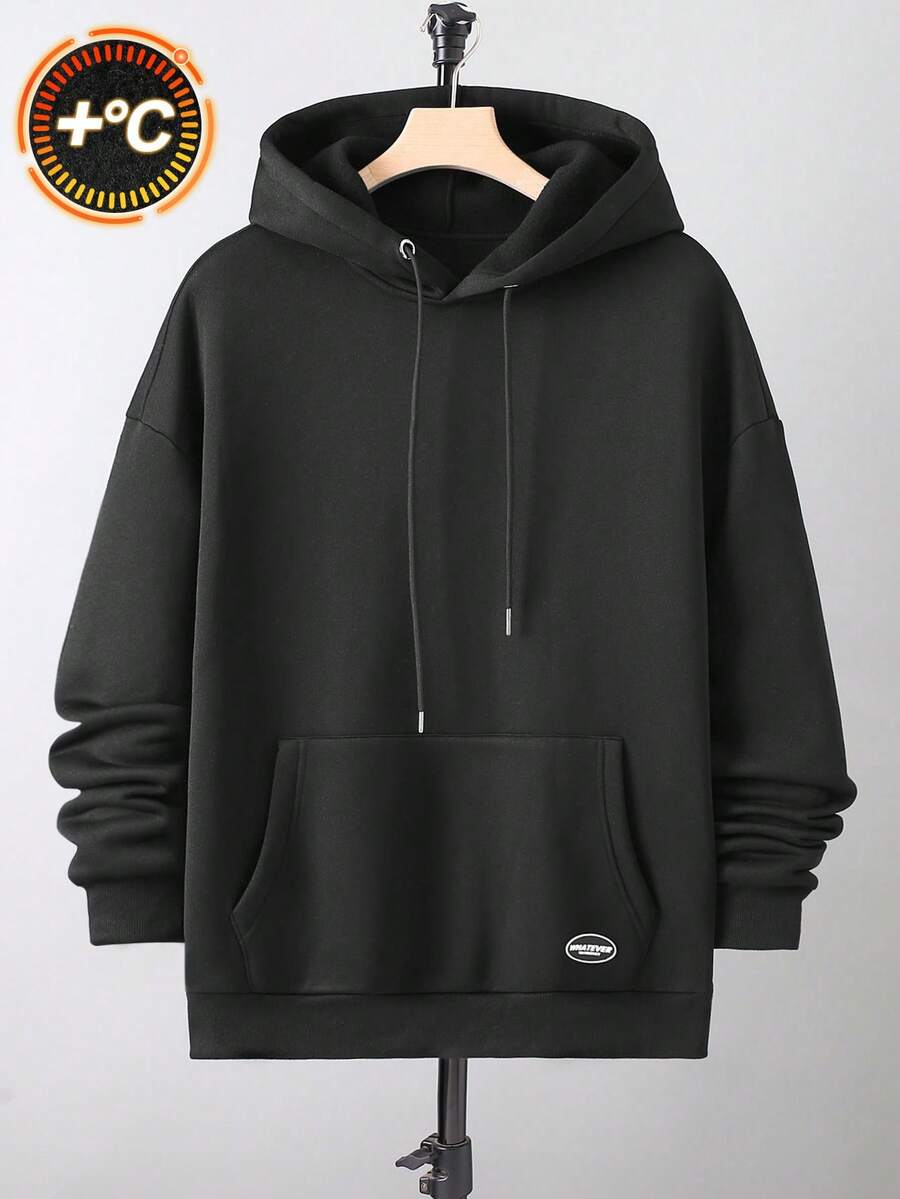 Manfinity Homme Áo hoodie nam trơn màu có túi, lót nhiệt, dài tay - màu đen - Xem 1