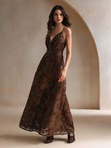 Anewsta 1 件女士刺绣细肩带连衣裙，酒红色超长款 PU 皮革女装 - 棕色 - 查看 6