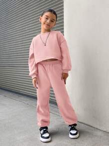 SHEIN Tween Girl Loose Solid Retro Cropped Crew Neck Hoodie And Sweatpants Casual 2 Pieces Set