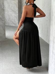 Slaydiva 优雅浪漫性感派对深V领露背高开叉A字长裙性感长裙黑色性感连衣裙 - 黑色 - 查看 3