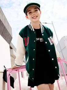 SHEIN Sweat-shirt en polaire confortable et chaud pour les adolescentes, design blocs de couleurs avec imprimé lettre, blouson de baseball, sweat-shirt sportif et mode universitaire - Militaire verte - Voir 1