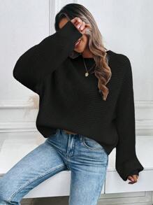 SHEIN LUNE Áo len nữ dáng rộng, tối giản, màu trơn, vai rớt, chất liệu dệt kim kiểu waffle, tay dài, thích hợp cho mùa thu đông. - màu đen - Xem 5