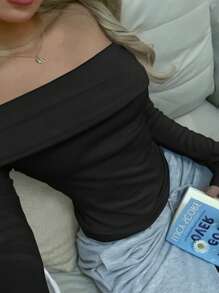 SHEIN EZwear Plus Size Women's Black Off-Shoulder Ruched Long Sleeve Fitted T-Shirt - Black - View 1