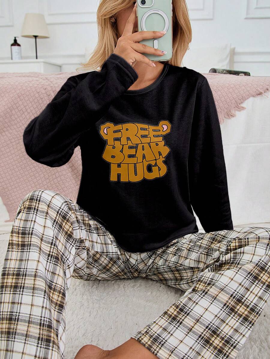 RueChic Cotton 2Pcs Slogan Printed Top And Plaid Printed Sleep Bottom PJ Set - Black - View 1