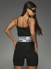 Missguided x Playboy Co Ord Set Elastic Waist Band Biker Shorts Crop Top Summer Stretch Two Piece Set - Black - View 2