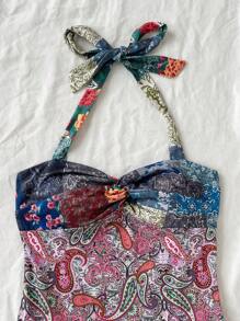 Soleia 度假女士复古秋季彩色印花吊带背心荷叶边分层迷你连衣裙，可内穿或外穿 - 彩色 - 查看 3