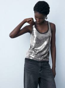 Maija 女士亮片圆领无袖背心，优雅，适合秋季 - 銀色 - 查看 7