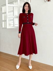DAZY Women Solid Color Splicing Front Button Long Sleeve Simple Casual Sweater Dress,Fall Clothes Red Women Dresses - Burgundy - View 4