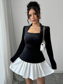 Elenzga 女士优雅法式复古时尚方领上衣和百褶裙套装 - 彩色 - 查看 4