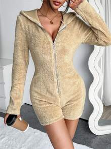 INAWLY Dames Casual Effen Kleur Fleece Capuchon Jumpsuit, Herfst/Winter