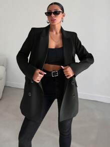 EURMUSE Lapel Neck Double Breasted Flap Detail Blazer - Black - View 5