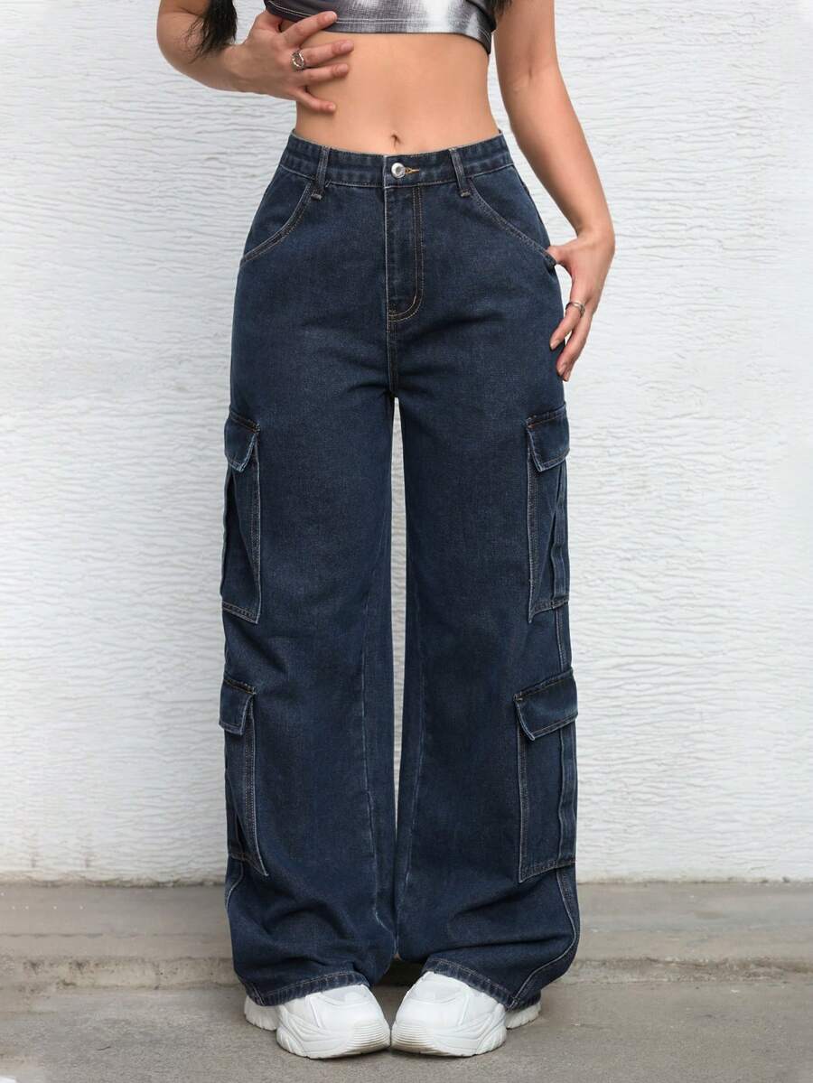 SHEIN EZwear Women's Summer Zipper Fly Flap Pocket Cargo Jeans - Dark Wash - View 1