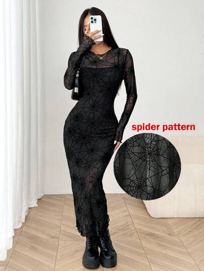  SHEIN EZwear Halloween Spider Web Print Bodycon Dress