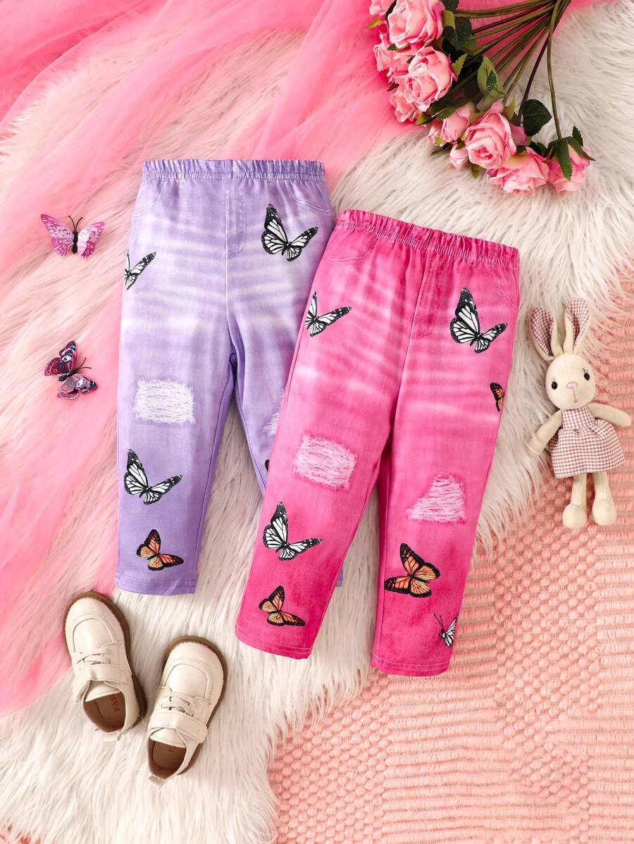 2pcs/Set Baby Girls Fashion Butterfly Print Denim Effect Long Pants Casual Leggings, Warm Winter Outfit