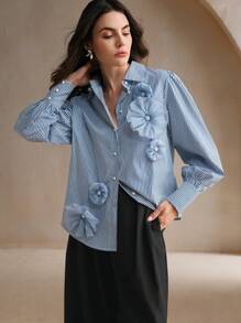 Anewsta Women Elegant Striped Floral Print Puff Sleeve Blouse