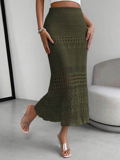 Almamuse Women Classic Solid Color Hollow-Out Knitted Elegant A-Line Sweater Skirt