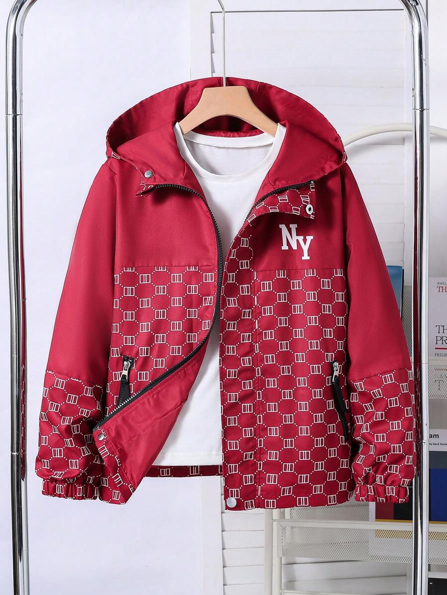 SHEIN Tween Boy Casual Geometric Letter Print Hooded Jacket, Autumn