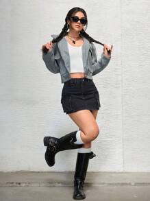 SHEIN PETITE 女士前扣口袋简约工装牛仔迷你裙，休闲日常穿着 - 黑色 - 查看 6