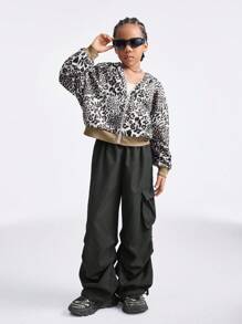 SHEIN Tween 女童休闲街头风格纯色抽绳腰部翻盖口袋宽松工装裤 - 黑色 - 查看 3