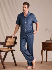 2pcs/Set Men Short Sleeve Shirt And Pants, Pajama Set - Green - View 1