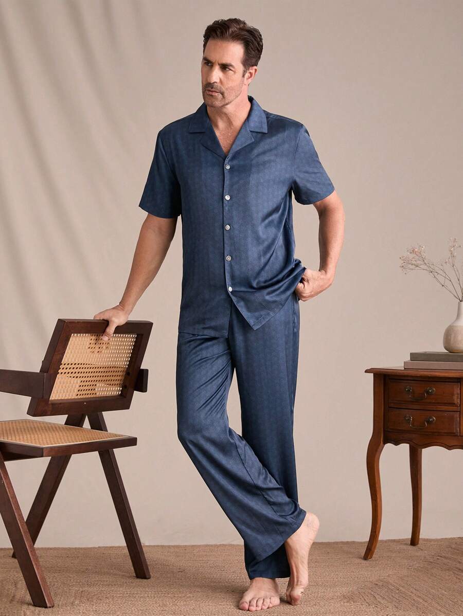 2pcs/Set Men Short Sleeve Shirt And Pants, Pajama Set - Green - View 1