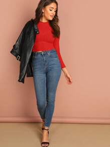 SHEIN Essnce 女式休闲纯色罗纹立领生菜边短款长袖 T 恤，秋季 - 紅色 - 查看 4