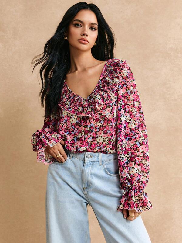 Poéselle Allover Floral Print Ruffle Trim Flounce Sleeve Blouse