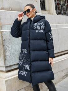 EURMUSE Plus Size Women Winter Slogan Print Zip-Up Padded Coat - Navy Blue - View 4
