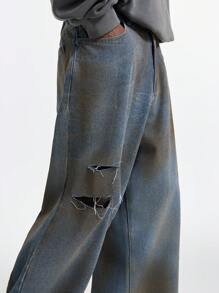 Manfinity VCAY Jeans en denim tissé déchiré de style de rue long pour homme, jeans longs et amples unis gris foncé lavés à l'acide, pour le mari, cadeaux pour le petit ami - Bleu azur - Voir 4