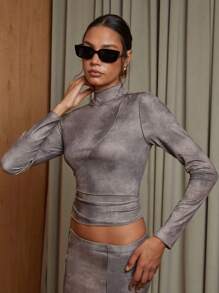 COSMINA 2 件套女士立领长袖简约上衣和裙子休闲装 - 棕色 - 查看 5